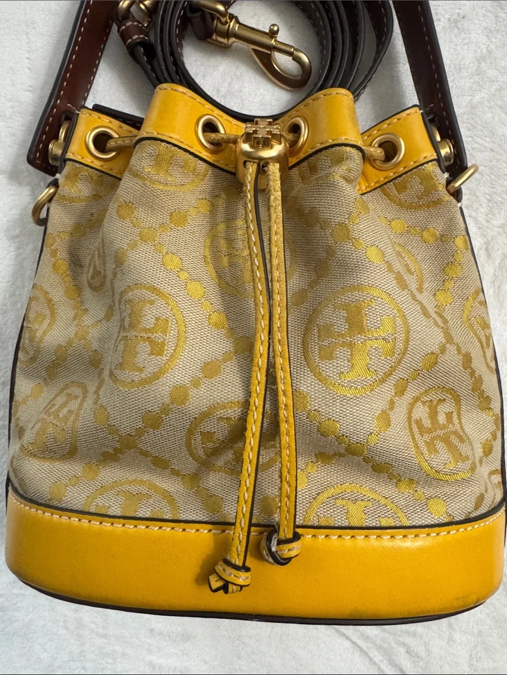 Tory Burch Yellow Logo Jacquard Drawstring Mini Bucket Bag